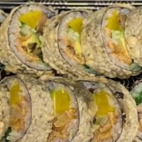 Vegetarian Tempura Roll · Deep fried roll with avocado, asparagus, cucumber, oshinko, seaweed salad, tofu skin, shiita...