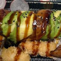 Samurai Roll · Shrimp tempura, cucumber inside  with eel and avocado on top with eel sauce
