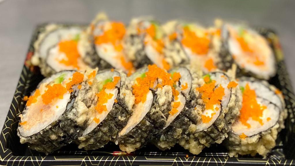 Spice Girl · Spicy.  Deep fried roll with spicy tuna,  spicy salmon,  white fish avocado inside,  caviar on top with spicy mayo and eel sauce
