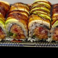 Fire Dragon Roll · Spicy.  Spicy tuna,  jalapeno topped with eel,  avocado with chef special sauce