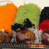 Ninja Roll · Tuna, salmon,yellowtail, crunch inside with 4 types of tobiko on top