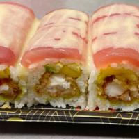 Hawaii Roll · Lobster tempura ， mango,avocado inside, wrapped in soy paper, topped with tuna & honey wasab...