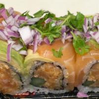 Sunset  Roll  · Spicy salmon, cucumber ,asparagus inside with salmon avocado, red onion, cilantro on the top
