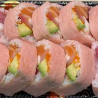 Sashimi Roll · Tuna, salmon, yellowtail, white fish, tobiko wrapped soy paper & yuzu sauce on top