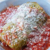 Homemade Stuffed Cabbage Plate · Traditional or Vegetarian Stuffed Cabbage hand-rolled & slow cooked in tomato sauce, Served ...