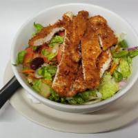 Tropical Sunrise Breeze Salad · Breast of chicken crusted with coconut & almonds, fresh fruit salad, mandarin oranges, fresh...