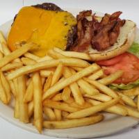 Bacon Cheeseburger Club · Served with french fries.