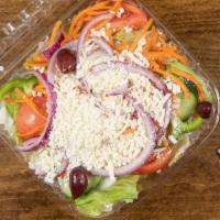 Greek Salad · Served with pita and choice of dressing.