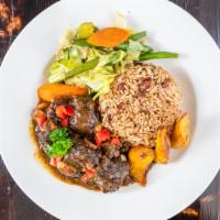 Oxtail Alfredo · Rice & Peas, White Rice, Brown Rice, Vegetable Medley, Fried Plantains.
