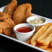 Chicken Tender Platter (5 Pieces) · Served with fries and choice of honey mustard or BBQ sauce.