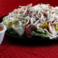 Turkey & Cheese Salad · Iceberg lettuce, tomatoes, cucumbers, diced red onions, sliced green olives, banana peppers,...