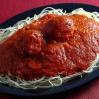 Spaghetti · Spaghetti  topped  with our homemade tomato sauce. Served with a side salad and our homemade...