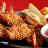 Jumbo Shrimp Platter · Six breaded and deep fried jumbo shrimp served with French fries and coleslaw with your choi...