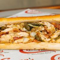 Chicken Oink! · All White Chicken Fillets, bacon, Provolone, bell peppers, grilled tomatoes and onions.