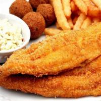 Fried Catfish (3) · Crispy fried catfish fillet, served with choice of two side dishes and choice of bread.