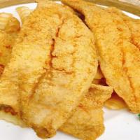 Fried Whiting (3) · Crispy fried whiting fillet, served with choice of two side dishes and choice of bread.