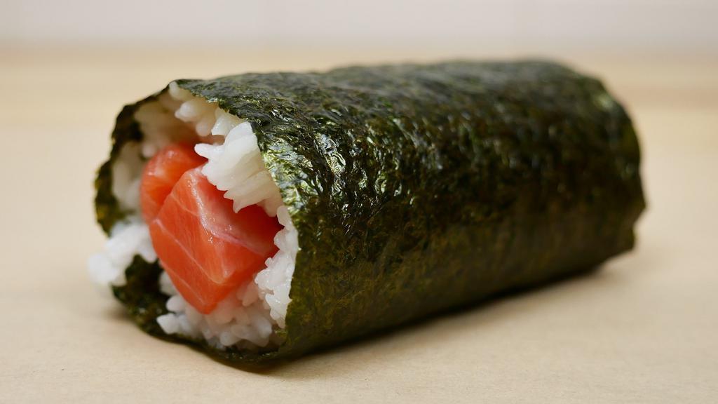 Salmon Makiritto · Plain cut salmon in a handheld sushi roll with seasoned sushi rice wrapped in nori seaweed. One side of sauce included per makiritto.