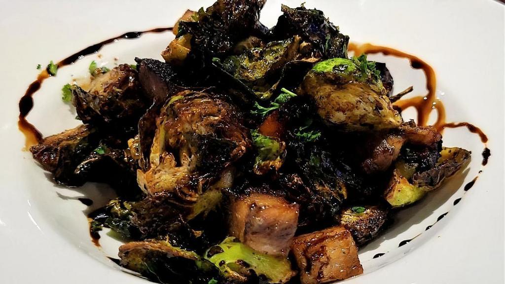 Brussels Sprouts · Aged balsamic, pork belly crisps, shallots
