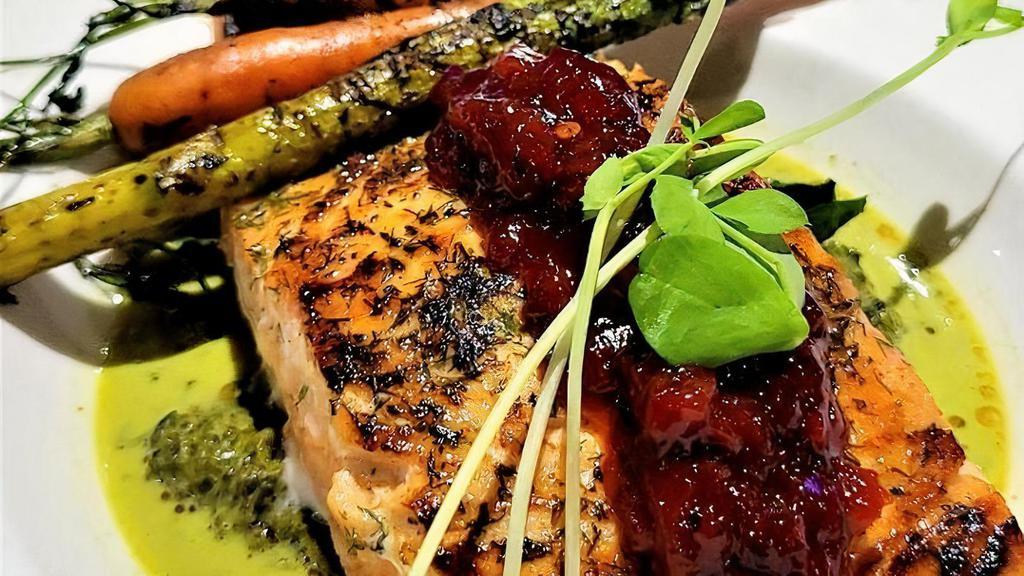 Wild Salmon · Cold smoked, BBQ rub, pan seared, pepper jam, . creamed spinach, baby carrots, asparagus