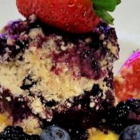 Mixed Berry Cobbler · Seasonal berries  short crust crumble,                 vanilla ice cream