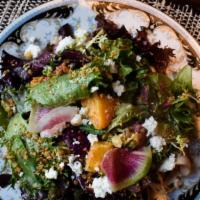 Pennyroyal Salad · baby beets, heirloom carrots, spiced almonds, lemon ricotta, turmeric honey dressing.