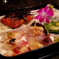 Bento Box · Japanese packaged box, served with chef’s sashimi, nigiri, salad, sushi rice, three pieces o...