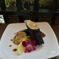Sushi Burrito · Big sushi roll with lettuce, avocado, gobo, kanikama, sesame seeds, our tangy kabayaki sauce...