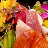 Chirashi · Chef’s choice of assorted sashimi and veggies in a rice bowl.