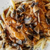 Chicken Marsala Dinner · Boneless Chicken Breast Sautéed with Mushrooms and Marsala Wine, Served with a Side of Pasta.