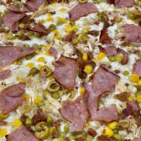 Best Of The House Pizza · Tomato sauce, mozzarella cheese, calabresa, green olives, corn, peas, shredded chicken, baco...
