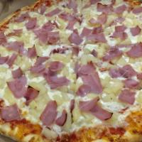Hawaiian Pizza · Tomato sauce, pineapple, ham and mozzarella cheese.