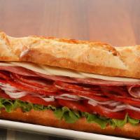 Italian Hoagie · Hot capicola, Genoa salami, peppered ham, provolone cheese with your choice of topping.