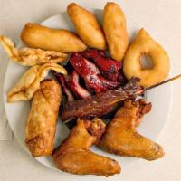 Feng Shui Sampler · Crab rangoon, boneless spareribs, beef skewers, chicken fingers, fried jumbo shrimps, chicke...