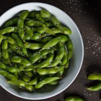 Edamame · Vegetarian. Boiled green soybeans in the pod, lightly salted.