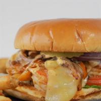 Kodiak Burger · Sauteed Shrimp, Sauteed bell Peppers, onions melted mozzarella & cheddar cheese