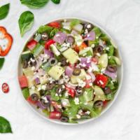 Greek Greek Salad · Romaine lettuce, carrots, Kalamata olives, green peppers, cucumbers, onions, pepperoncini, t...
