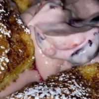 Brioche Crème French Toast · Comes with the choice of mixed berries, caramel, peaches, apples, apples&caramel Top with fr...