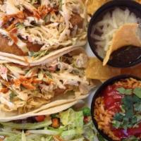 Tacos · Gluten free. Chicken, pork, or beef. Meat of choice, green sauce, cilantro, onions, lettuce,...