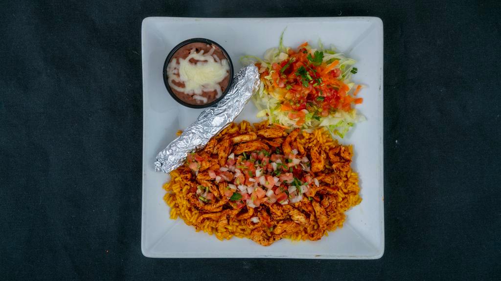 Sonoran Platter · Gluten free. A juicy, mesquite grilled chicken fillet topped with pico de gallo, served with mexican rice, refried beans, a side of salad, and three corn tortillas.