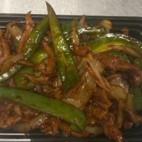 Mongolian Beef · Served with white rice. Hot and spicy.