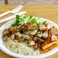 Grilled Chicken Dinner · Served with rice, French fries and salad.