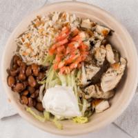 Grilled Chicken Bowl · Served with rice, pinto beans, lettuce, pico de gallo and sour cream.