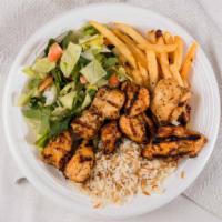 Chicken Shish Kebab Plate · Served with rice, salad and French fries.