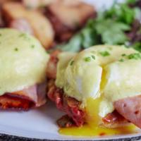 Frenchie Benny · smoked ham, caramelized onion, gruyere, tomato jam, english muffin, two poached eggs, hollan...