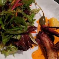 Seared Spanish Octopus · Greens with fingerling potatoes, sweet peppers, shallots, capers, spicy pepper and caper emu...