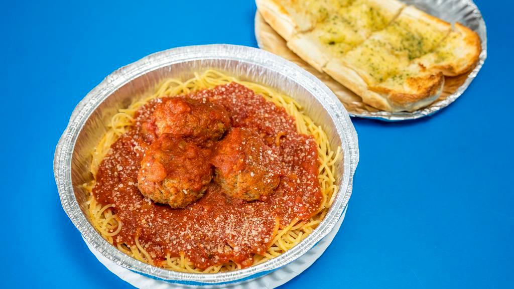 Meatballs Pasta · Served with fresh garlic bread and choice of ziti or spaghetti.
