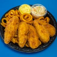 Chicken Finger Dinner · Five pc chicken fingers. Served with choice of two: rice, French fries, onion rings, curly f...