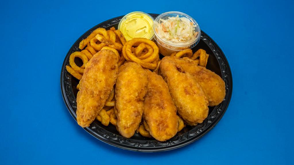 Chicken Finger Dinner · Five pc chicken fingers. Served with choice of two: rice, French fries, onion rings, curly fries, steak fries, coleslaw or salad.