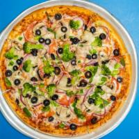 Veggie Pizza · Vegetarian. Peppers, onions, tomatoes, mushrooms, olives and broccoli.