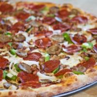 * Italian Bomb Pizza · Mushrooms, white onions, green peppers, roasted garlic, pepperoni, Italian sausage, bacon an...